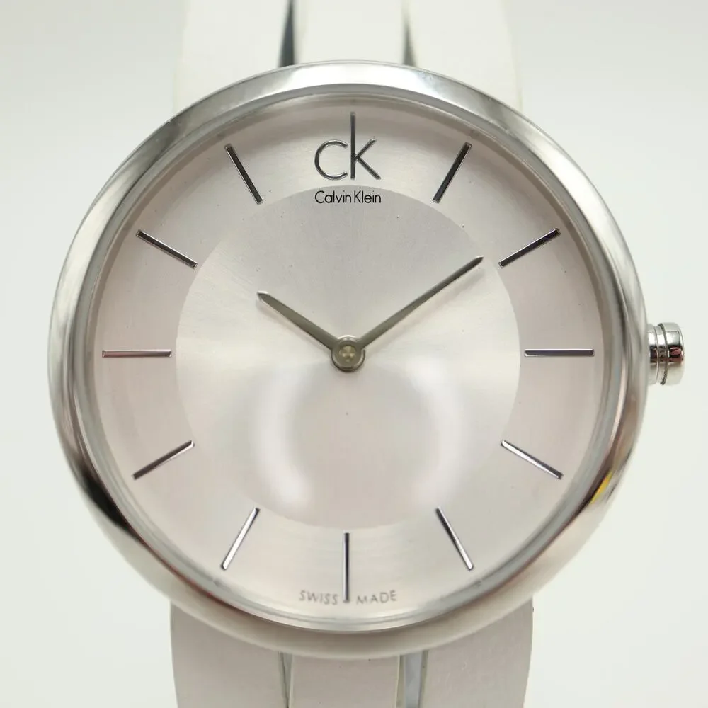 Calvin Klein Swiss Made Silver Tone 32mm Women Watch White Leather w New Battery